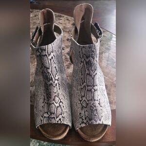 Corkys Snake-Print Peep-Toe Ankle Booties in Gray and Black